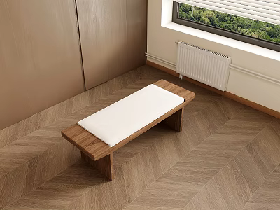 Cozy Wooden Bench With White Cushion In Modern Room On Wooden Floor Near Window 3d model