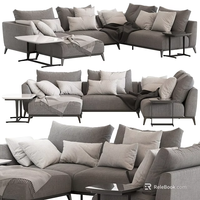 Modern Sectional Sofa With Plush Pillows And Side Tables 3d model