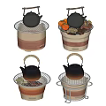 Traditional Tea Set Featuring Teapot Various Stove Bases Woven Texture Metal Racks And Fresh Fruits
