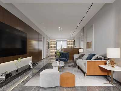 Modern Living Dining Room Interior with Wooden TV Wall Sofa Coffee Table and Recessed Lighting 3d model
