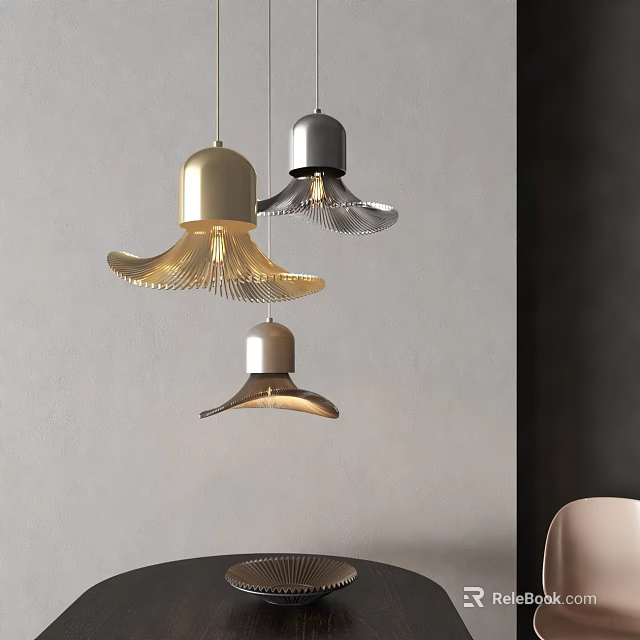 Modern Gold And Silver Chandeliers With Curved Shades In Stylish Gray Interior 3d model 