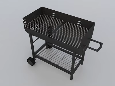 Black Portable Outdoor Grill with Wheels Two Cooking Grates and Lower Shelf 3d model