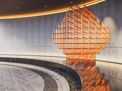 Modern Orange Geometric Lattice Sculpture with Reflection in Circular Pool and Gray Wall 3d model