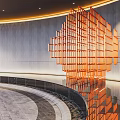 Modern Orange Geometric Lattice Sculpture with Reflection in Circular Pool and Gray Wall