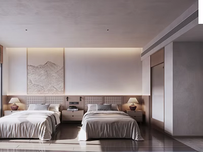 Hotel Guest Room Interior With Twin Beds Bedside Lamps Wall Art And Wooden Flooring 3d model