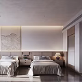 Hotel Guest Room Interior With Twin Beds Bedside Lamps Wall Art And Wooden Flooring