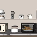 Modern Kitchen Appliances Displayed on Shelves Including Microwave Coffee Maker Blender Rice Cooker and Kettle
