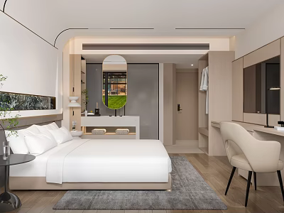 Modern Hotel Room Interior With King Bed White Linens Gray Rug And Dressing Table Chair 3d model