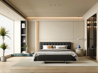 Modern Bedroom Interior Design With Large Bed Black Headboard Beige Pillows Wooden Floor And Plants 3d model