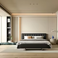 Modern Bedroom Interior Design With Large Bed Black Headboard Beige Pillows Wooden Floor And Plants
