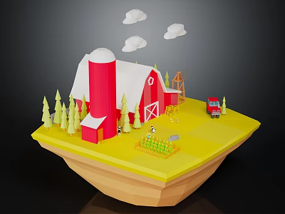 Red Barn With White Roof Pine Trees Red Tractor And Clouds Above Yellow Ground 3d model