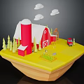 Red Barn With White Roof Pine Trees Red Tractor And Clouds Above Yellow Ground