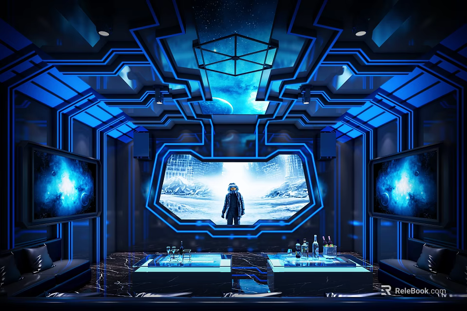 Futuristic Blue KTV Room Interior With Starry Ceiling Large Screen Sofa And Drinks 3d model 