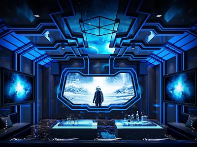 Futuristic Blue KTV Room Interior With Starry Ceiling Large Screen Sofa And Drinks 3d model