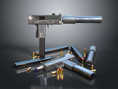 Modern Tactical Weapon With Metal Parts Bullets And Magazines On Dark Background 3d model