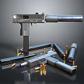 Modern Tactical Weapon With Metal Parts Bullets And Magazines On Dark Background