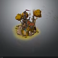 Fantasy Island Scene With Tower Red Flag Yellow Trees And Stones