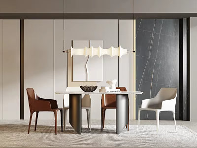 Elegant Modern Dining Table Set With Brown White Chairs And Pendant Chandelier 3d model
