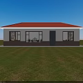 Detached House with Red Roof White Gray Walls Large Windows Green Lawn and Blue Sky
