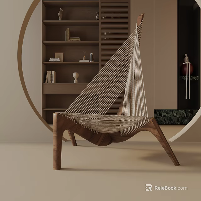 Minimalist Leisure Chair With Woven Rope And Wooden Frame In Modern Interior 3d model 