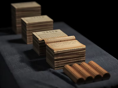 Stacked Vintage Books With Open Pages And Rolled Paper On Fabric Surface 3d model