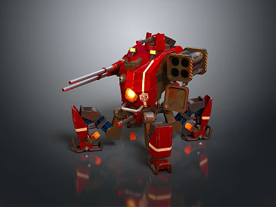 Red Mechanical Robot With Weapon And Reflective Metal Body Surfaces 3d model