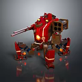 Red Mechanical Robot With Weapon And Reflective Metal Body Surfaces