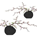 Decorative Black Ceramic Vase With Pink Blossoms Green Leaves And Slender Branches