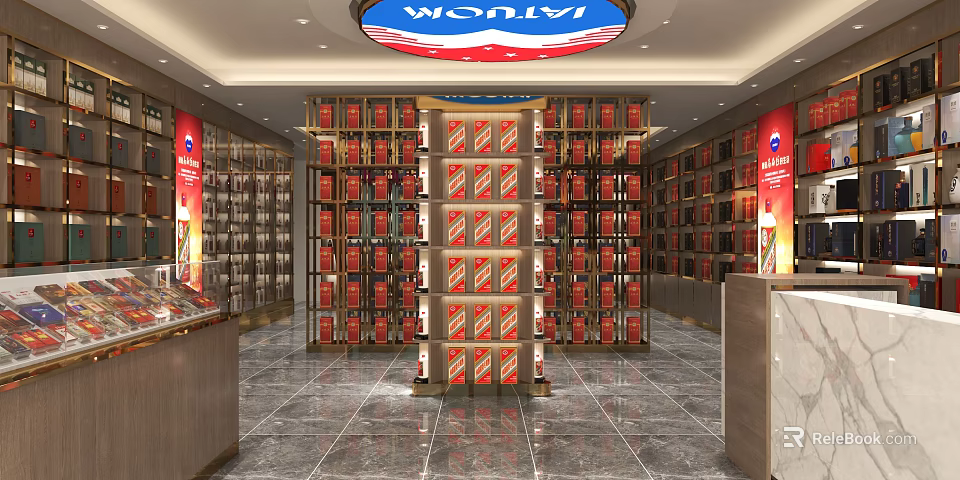Liquor and Tobacco Store Interior With Moutai Products on Shelves and Displays 3d model 