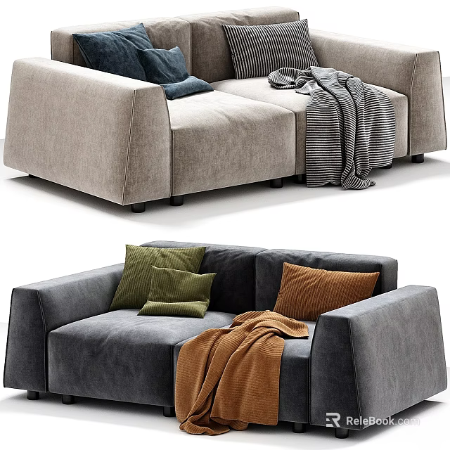 Modern Cozy Two Seater Sofa With Colorful Pillows And Soft Blankets 3d model