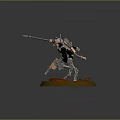 Sci Fi Game Movie Character With Mechanical Limbs And Spear Standing On Orange Base