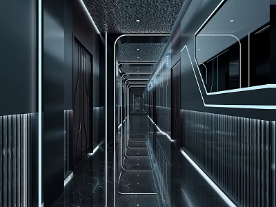 Modern Foyer Hallway Design With Mirrored Flooring LED Lighting And Metal Accents 3d model
