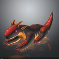 Vibrant Red Orange 3D Modeled Dragon Like Creature With Horns Purple Eyes And Striped Body