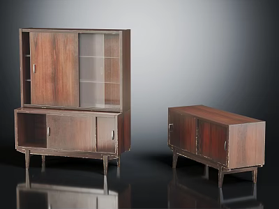 Vintage Wooden Display Cabinet and Storage Cabinet with Glass Doors and Slim Legs 3d model