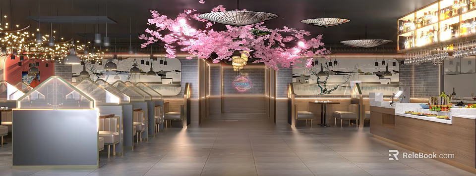 Hotpot Restaurant With Pink Cherry Blossom Decor Hanging Lanterns Display Cabinets And Brick Walls 3d model 