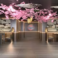 Hotpot Restaurant With Pink Cherry Blossom Decor Hanging Lanterns Display Cabinets And Brick Walls