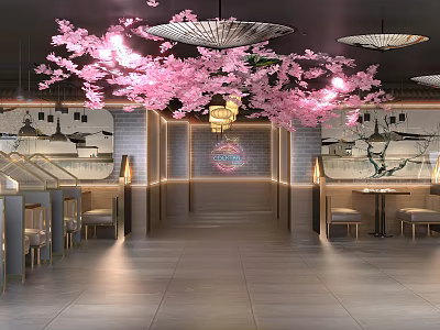 Hotpot Restaurant With Pink Cherry Blossom Decor Hanging Lanterns Display Cabinets And Brick Walls 3d model