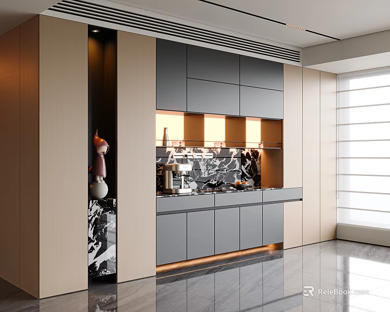 Elegant Modern Kitchen Sideboard With Gray Cabinets And Marble Backsplash Lighting 3d model