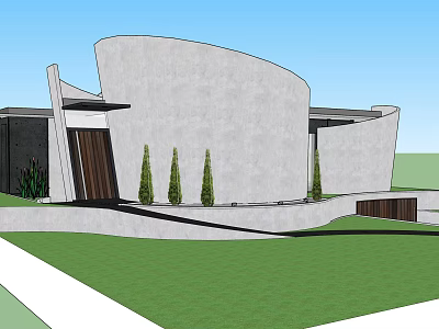 Modern Detached Villa with Curved Concrete Exterior Wooden Entrance and Lush Lawn Trees 3d model