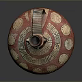 Ancient Ceramic Vessel Sculpture Featuring Red Body Gold Circular and Geometric Carvings