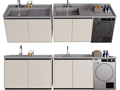 Modern Bathroom Vanity Cabinet with Sink Countertop Storage and Washing Machine 3d model