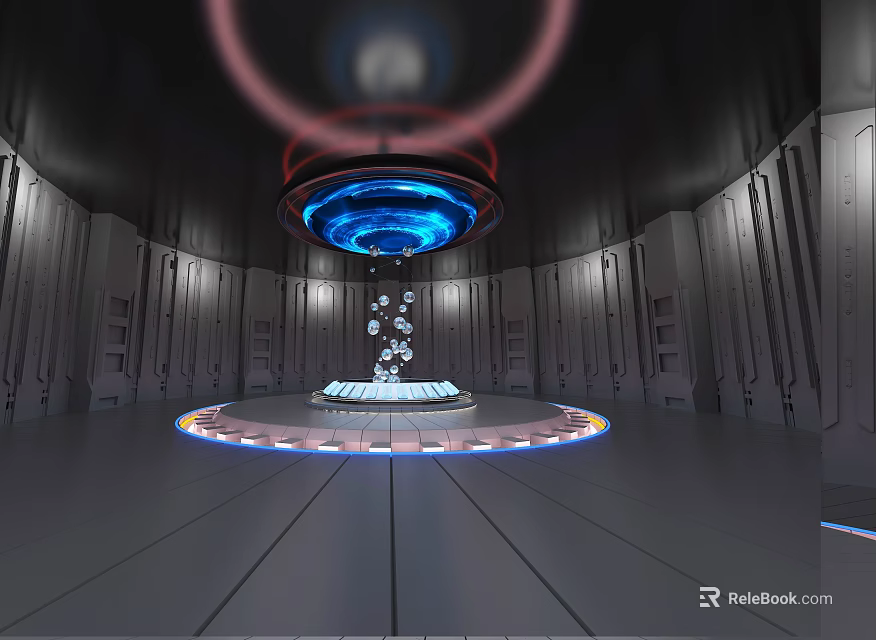 Futuristic Sci Fi Interior With Circular Platform Glowing Rings And Floating Objects 3d model