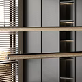 Long Linear Wooden Pendant Lights Above Dark Cabinets Open Shelves and Window with Blinds