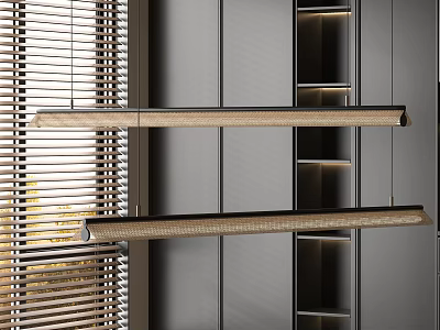 Long Linear Wooden Pendant Lights Above Dark Cabinets Open Shelves and Window with Blinds 3d model
