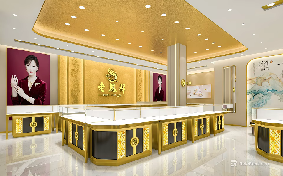 Elegant Jewelry Store Interior Design With Gold Decor Display Counters And Model Posters 3d model 