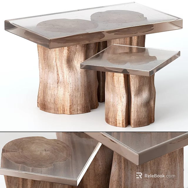 Modern Dining Table With Wooden Stump Legs And Clear Glass Top 3d model 