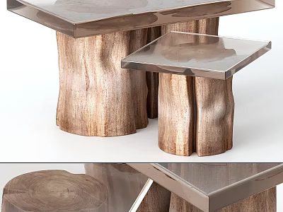 Modern Dining Table With Wooden Stump Legs And Clear Glass Top 3d model