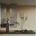 Modern Entryway Foyer Design With Wooden Textured Walls Small Tree And Black Ornament