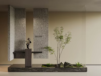Modern Entryway Foyer Design With Wooden Textured Walls Small Tree And Black Ornament 3d model