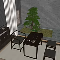 Chinese Style Solid Wood Tea Table And Chairs With Tea Set Near Window Courtyard